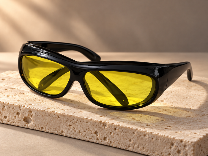 Gafas de marco negro y lentes amarillas sobre una base de piedra