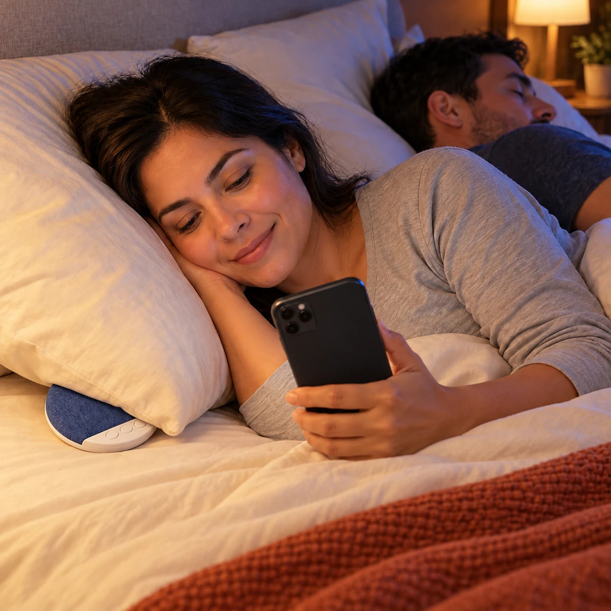 Escuchar contenido en el celular con el X3Pro debajo de la almohada en una cama compartida.